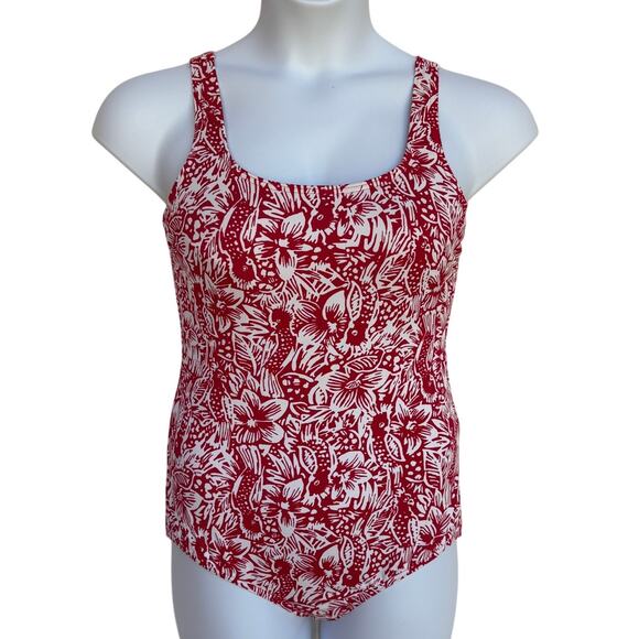 Land's End Tugless Tank Swimsuit with Red and White Cockatoo Print size 14 - Picture 1 of 11